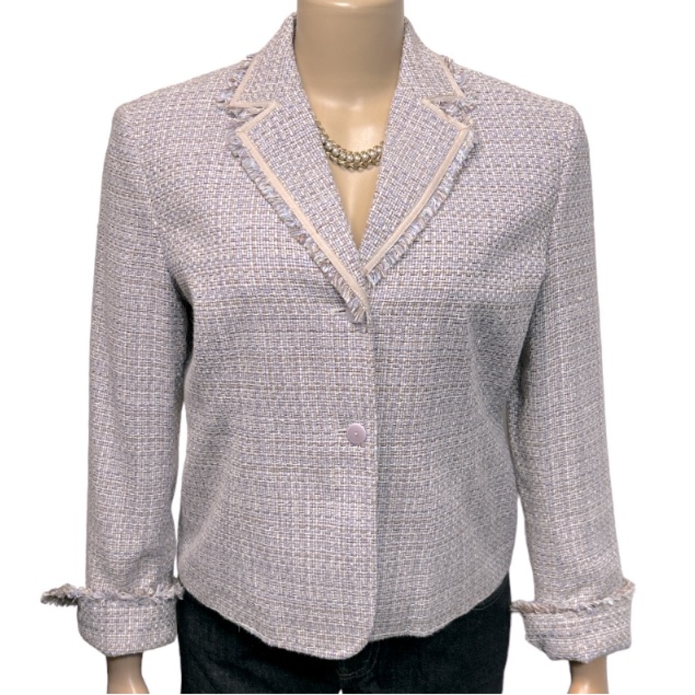 Rena Rowan Tweed Blazer Jacket Lavender Beige at the waist Fringe Edged  size 8